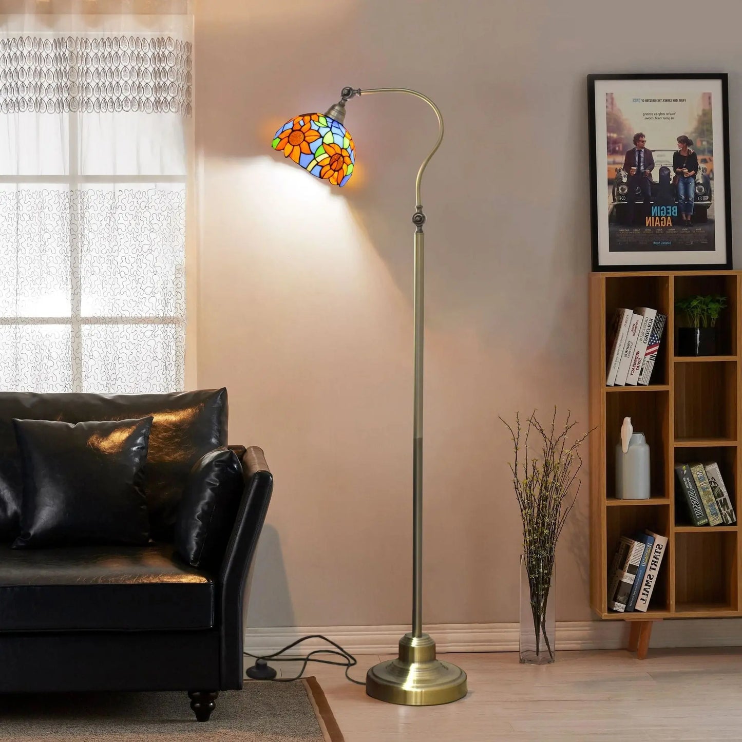 20cm Vintage Floor Tiffany Style Lamps Stained Glass Sunflower Lampshade Standing Light - CTL
