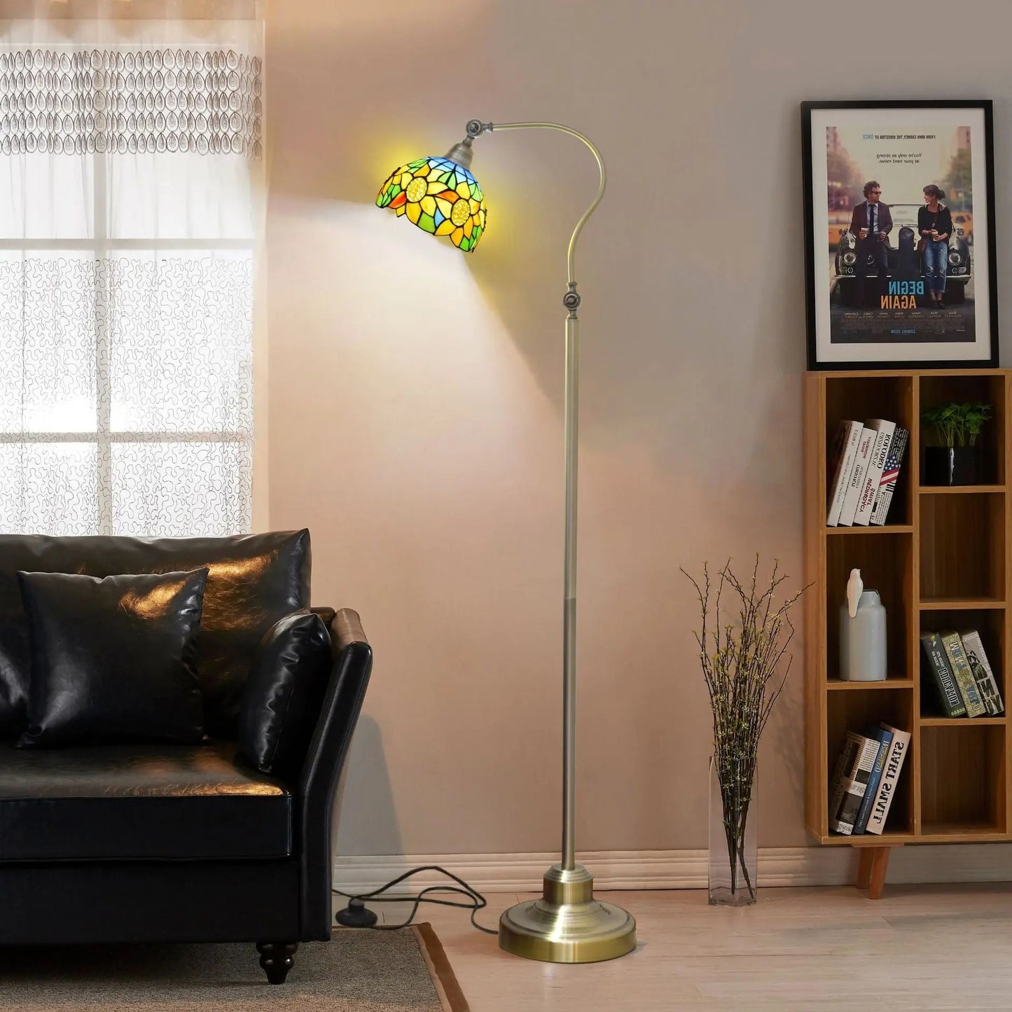 20cm Vintage Stained Glass Pastoral Yellow Sunflower Lampshade Tiffany Floor Light - CTL