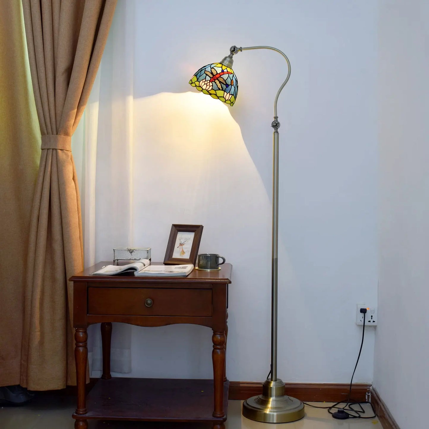 20cm Vintage Stained Glass Rural Green Lampshade Dragonfly Tiffany Style Floor Lamp - CTL