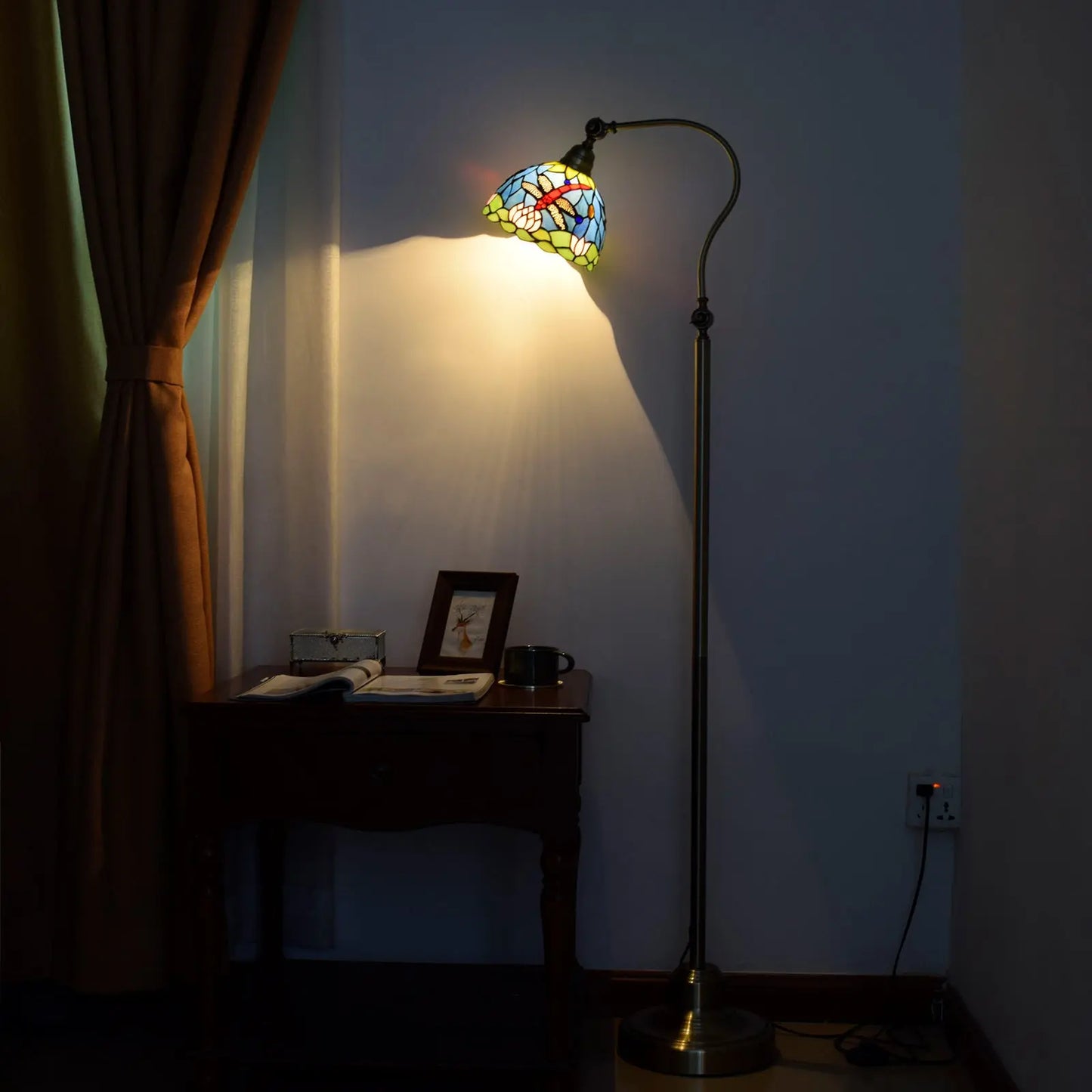 20cm Vintage Stained Glass Rural Green Lampshade Dragonfly Tiffany Style Floor Lamp - CTL