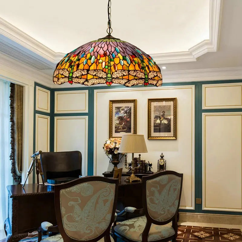 20inch 50cm Stained Glass Pastoral Orange Dragonfly Lampshade Tiffany Pendant Light - CTL