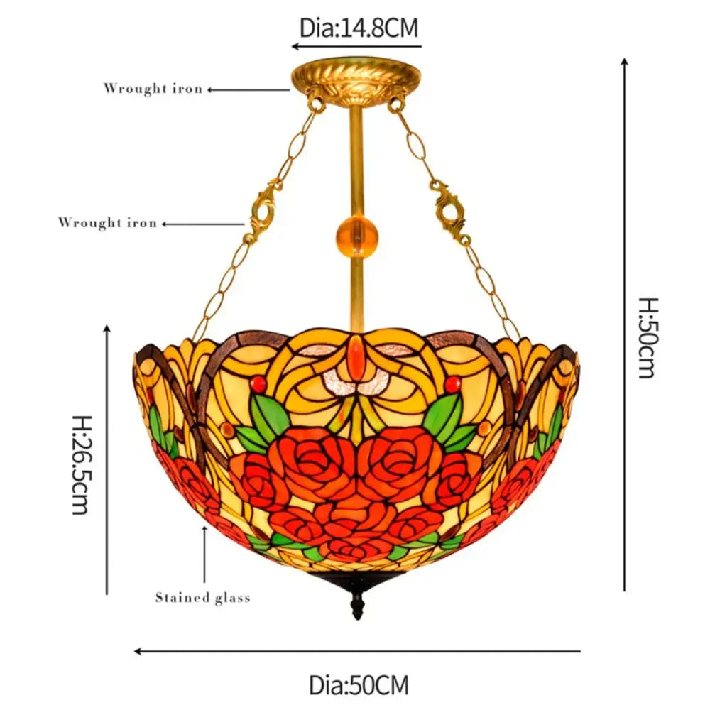 20inch 50cm Stained Glass Pendant Light Rose Lampshade Tiffany Glass Chandelier - CTL
