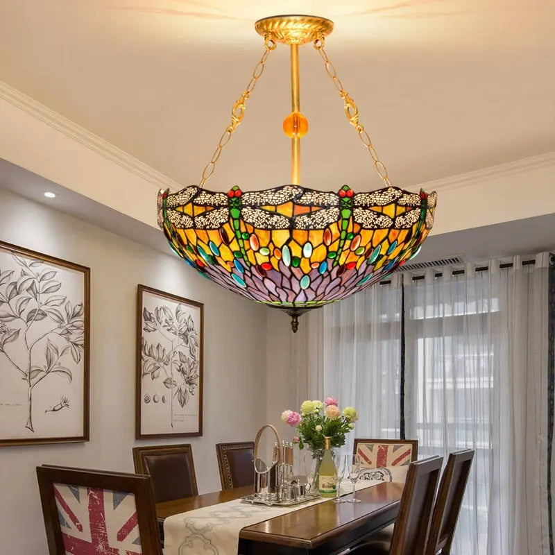 20inch Tiffany Hanging Lamp Stained Glass Dragonfly Anti-chandelier - CTL