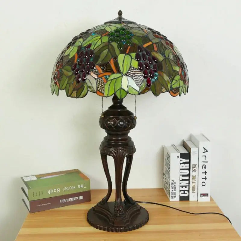 20inch Stained Glass Green Grapes Floral Lampshade Vintage Tiffany Desk Lamp - CTL
