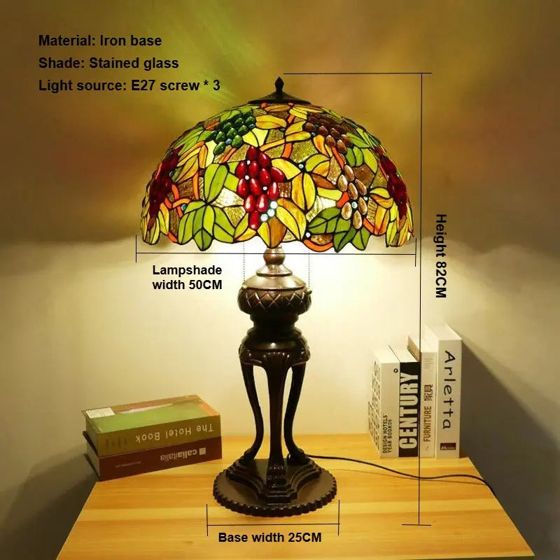 20inch Stained Glass Green Grapes Floral Lampshade Vintage Tiffany Desk Lamp - CTL
