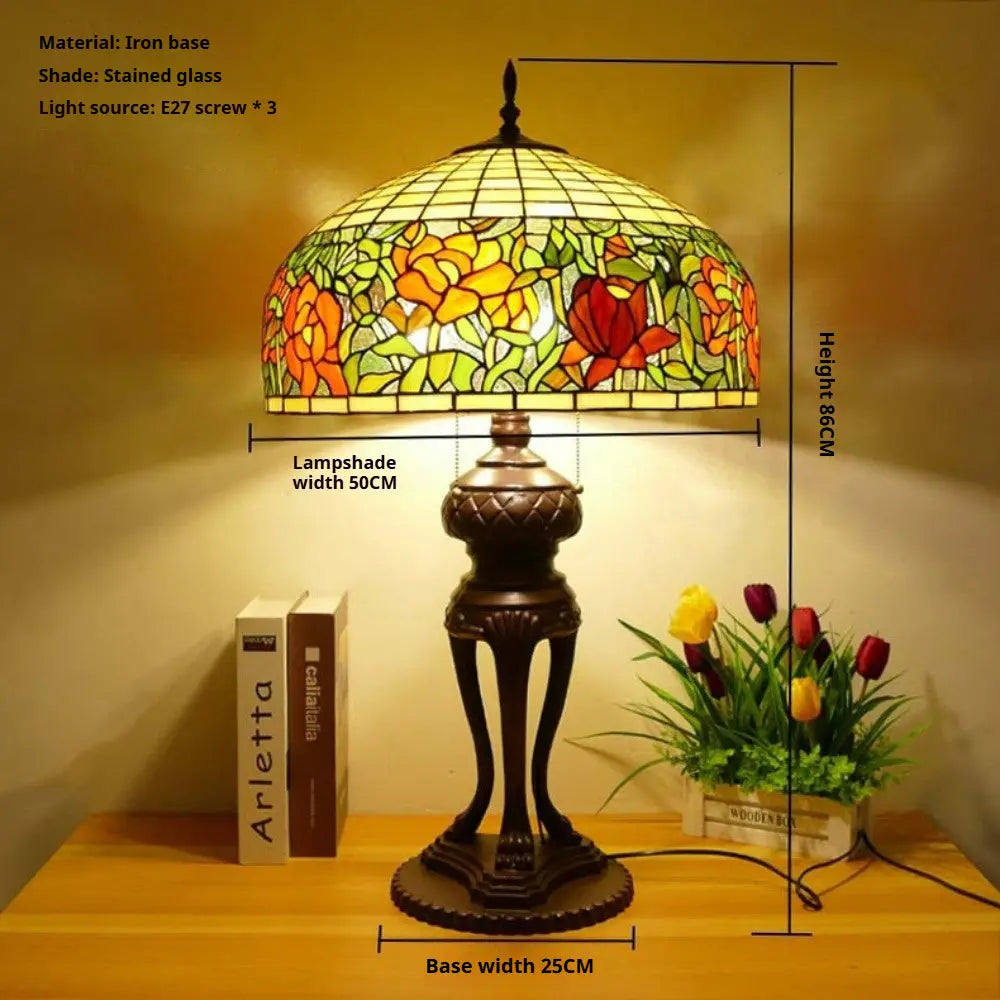 20inch Stained Glass Pastoral Floral Peony Lampshade Vintage Tiffany Desk Lamp - CTL