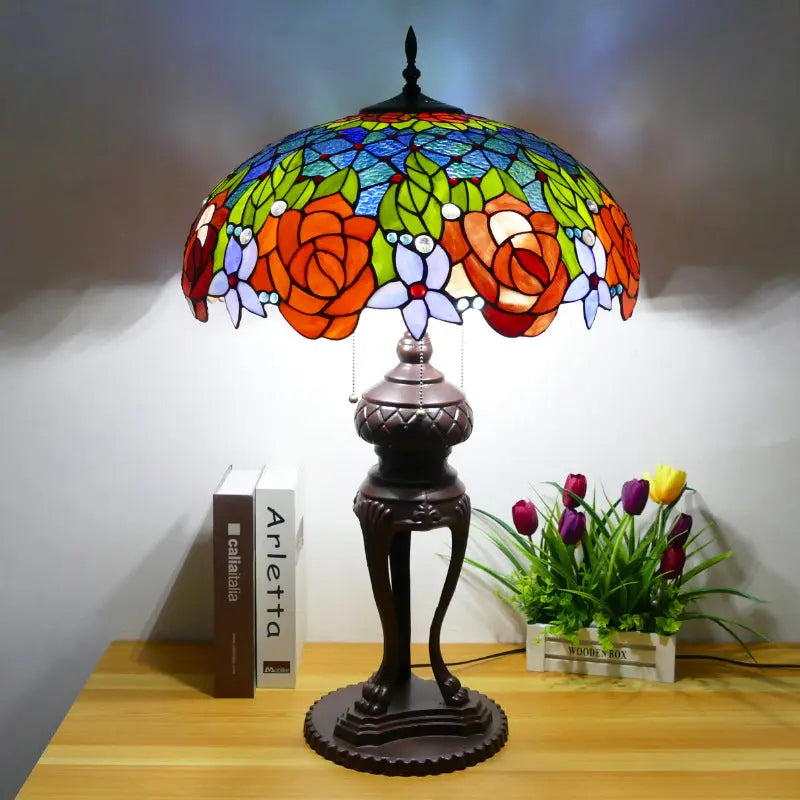 20inch Stained Glass Pastoral Floral Rose Lampshade Vintage Tiffany Desk Lamp - CTL