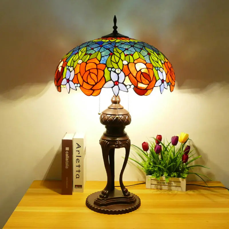 20inch Stained Glass Pastoral Floral Rose Lampshade Vintage Tiffany Desk Lamp - CTL