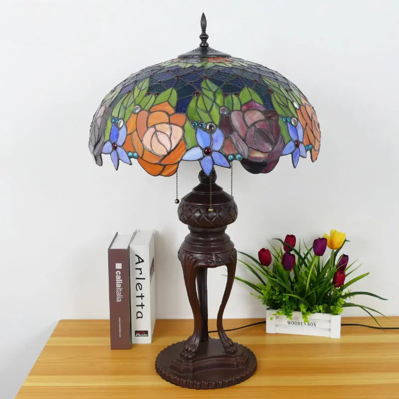 20inch Stained Glass Pastoral Floral Rose Lampshade Vintage Tiffany Desk Lamp - CTL