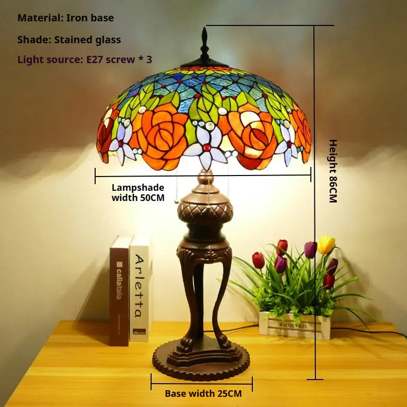 20inch Stained Glass Pastoral Floral Rose Lampshade Vintage Tiffany Desk Lamp - CTL