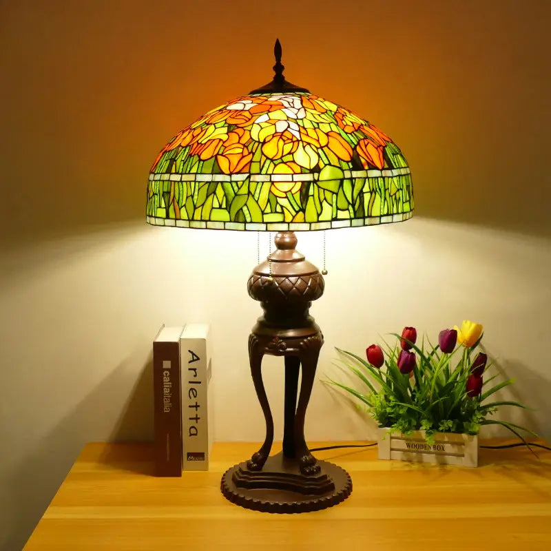 20inch Stained Glass Pastoral Floral Tulp Lampshade Vintage Tiffany Desk Lamp - CTL