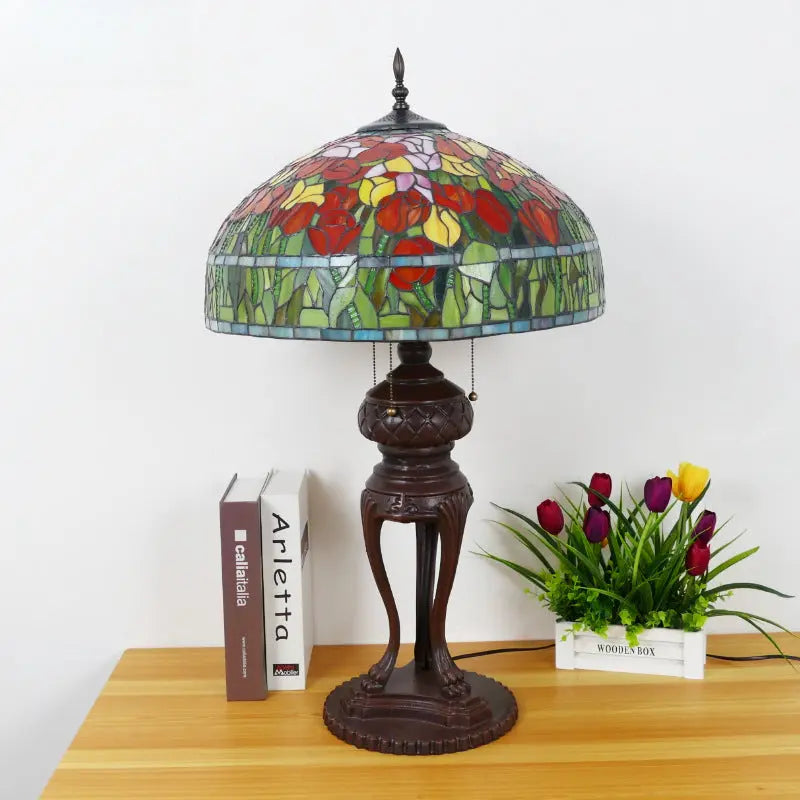 20inch Stained Glass Pastoral Floral Tulp Lampshade Vintage Tiffany Desk Lamp - CTL