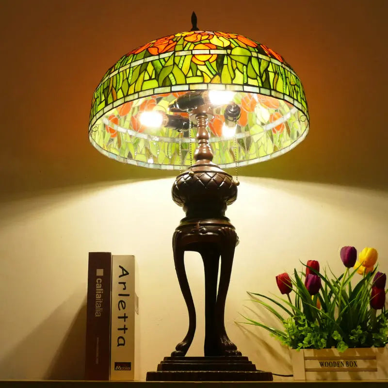 20inch Stained Glass Pastoral Floral Tulp Lampshade Vintage Tiffany Desk Lamp - CTL