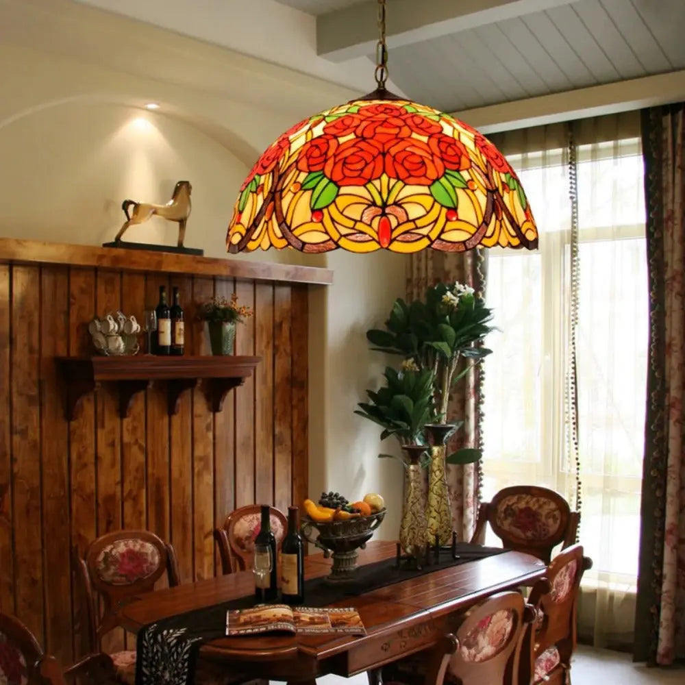 20inch Stained Glass Rose Lampshade Red Tiffany Lamp Pendant Light - CTL