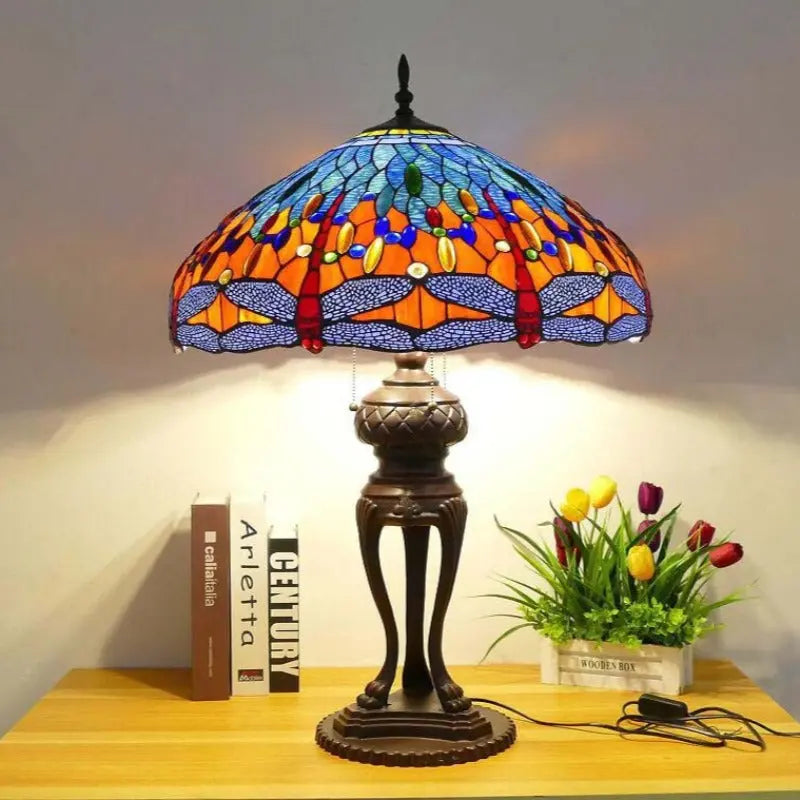 24inch 60cm Luxury Stained Glass Blue Dragonfly Lampshade Bar Bedroom Bedside Vintage Tiffany Desk Lamp - CTL