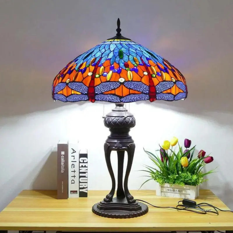24inch 60cm Luxury Stained Glass Blue Dragonfly Lampshade Bar Bedroom Bedside Vintage Tiffany Desk Lamp - CTL
