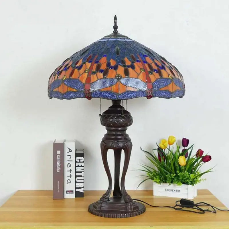 24inch 60cm Luxury Stained Glass Blue Dragonfly Lampshade Bar Bedroom Bedside Vintage Tiffany Desk Lamp - CTL