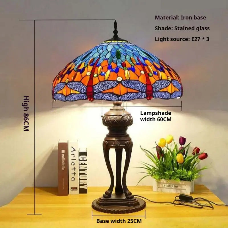 24inch 60cm Luxury Stained Glass Blue Dragonfly Lampshade Bar Bedroom Bedside Vintage Tiffany Desk Lamp - CTL