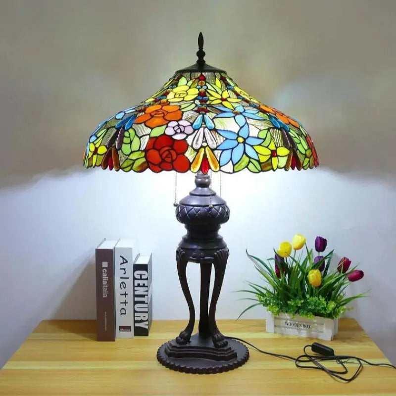 24inch 60cm Luxury Stained Glass Long Bead Rose Lampshade Bar Bedroom Bedside Vintage Tiffany Desk Lamp - CTL