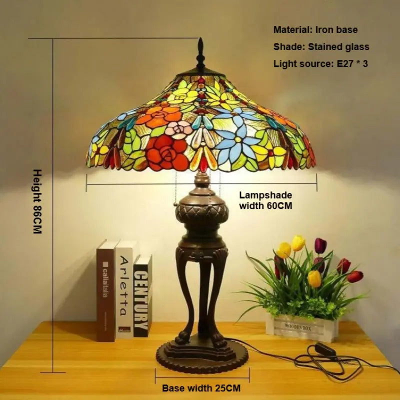 24inch 60cm Luxury Stained Glass Long Bead Rose Lampshade Bar Bedroom Bedside Vintage Tiffany Desk Lamp - CTL