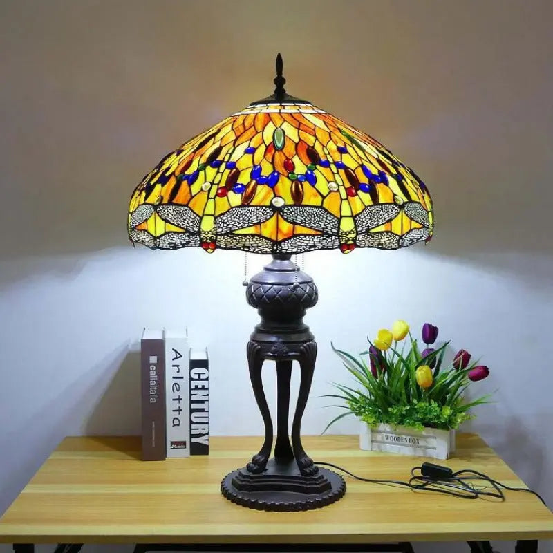 24inch 60cm Luxury Stained Glass Orange Dragonfly Lampshade Bar Bedroom Bedside Vintage Tiffany Desk Lamp - CTL