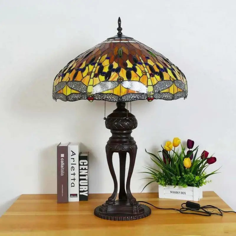 24inch 60cm Luxury Stained Glass Orange Dragonfly Lampshade Bar Bedroom Bedside Vintage Tiffany Desk Lamp - CTL