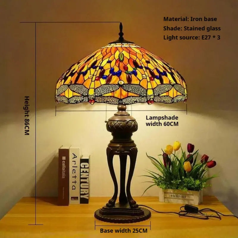 24inch 60cm Luxury Stained Glass Orange Dragonfly Lampshade Bar Bedroom Bedside Vintage Tiffany Desk Lamp - CTL