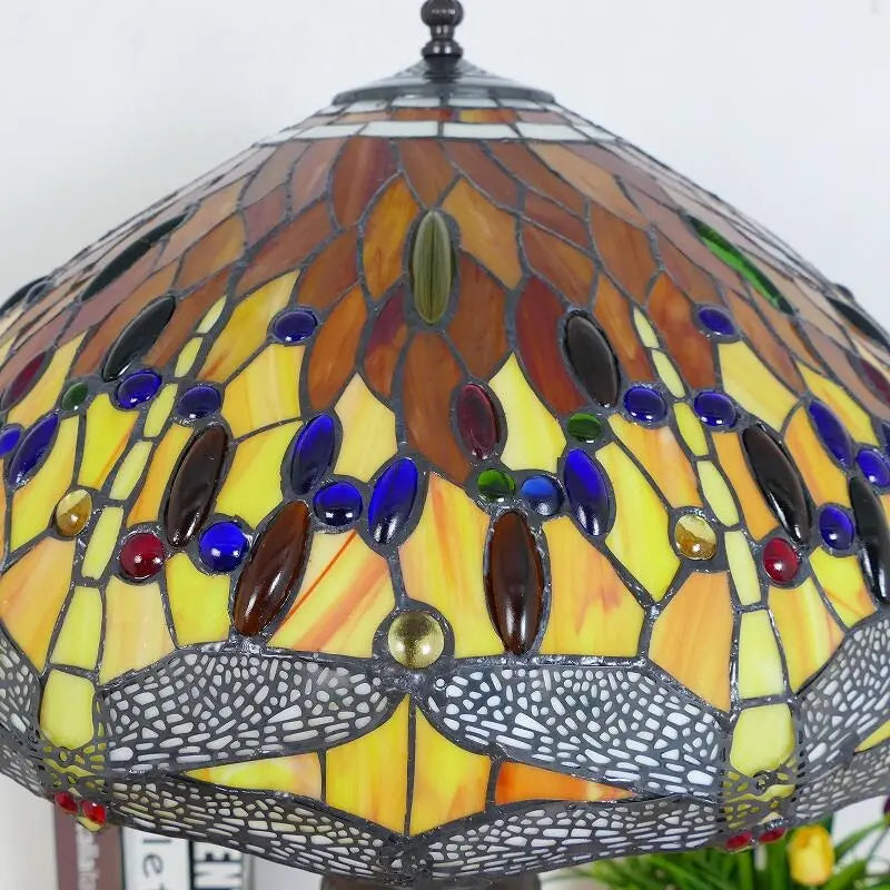 24inch 60cm Luxury Stained Glass Orange Dragonfly Lampshade Bar Bedroom Bedside Vintage Tiffany Desk Lamp - CTL