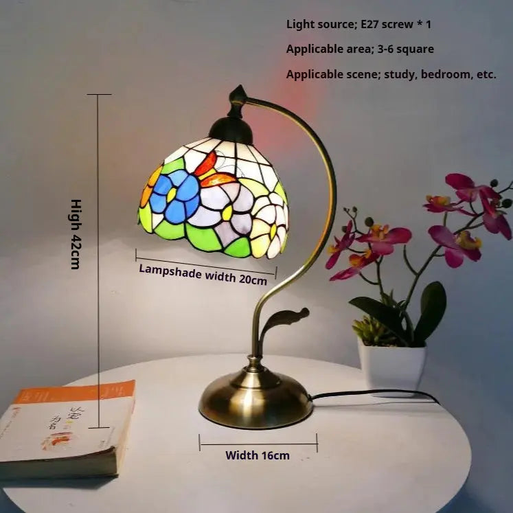 8inch Stained Glass Flowers Lampshade Vintage Curved Bedside Light Tiffany Desk Lamp - CTL