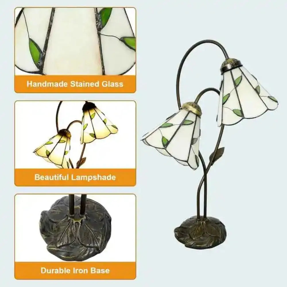 Vintage Stained Glass Flower Leaf Floral Lampshade Tiffany Desk Lamp - CTL
