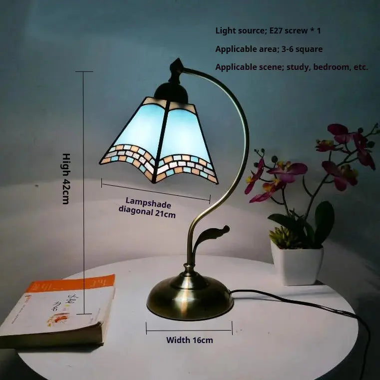 8inch Stained Glass Flowers Lampshade Vintage Curved Bedside Light Tiffany Desk Lamp - CTL