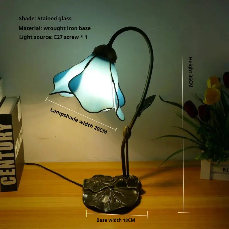 8inch 20cm Stained Glass Blue Lotus Lampshade Vintage Tiffany Table Lamp - CTL