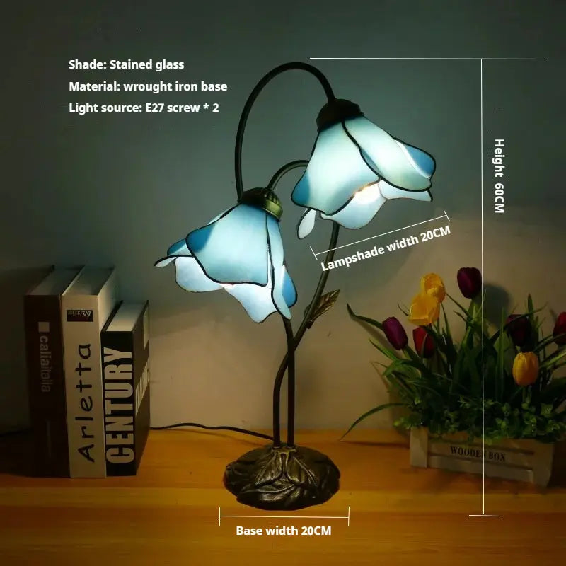 Vintage Stained Glass Flower Leaf Floral Lampshade Tiffany Desk Lamp - CTL