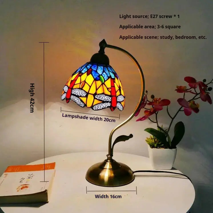 8inch Stained Glass Flowers Lampshade Vintage Curved Bedside Light Tiffany Desk Lamp - CTL