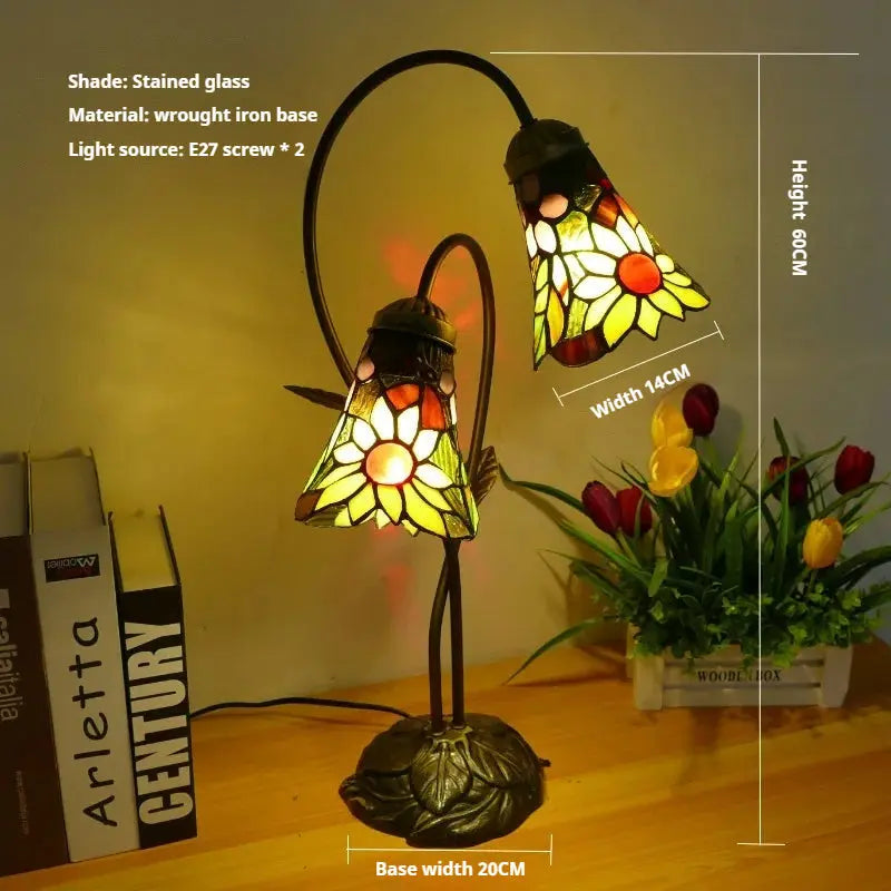 Vintage Stained Glass Flower Leaf Floral Lampshade Tiffany Desk Lamp - CTL