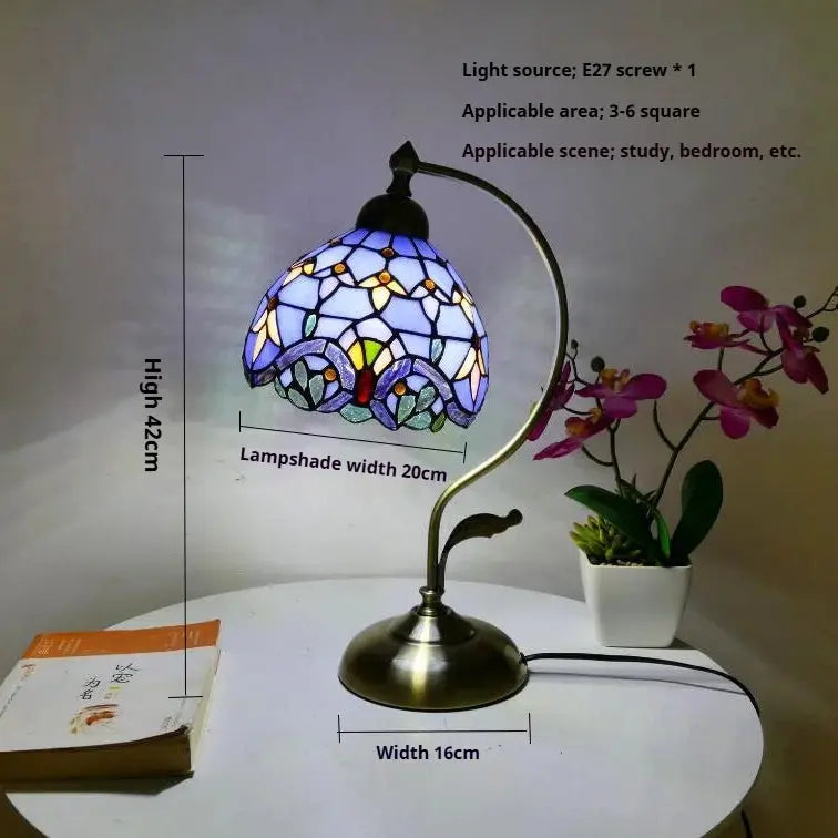 8inch Stained Glass Flowers Lampshade Vintage Curved Bedside Light Tiffany Desk Lamp - CTL