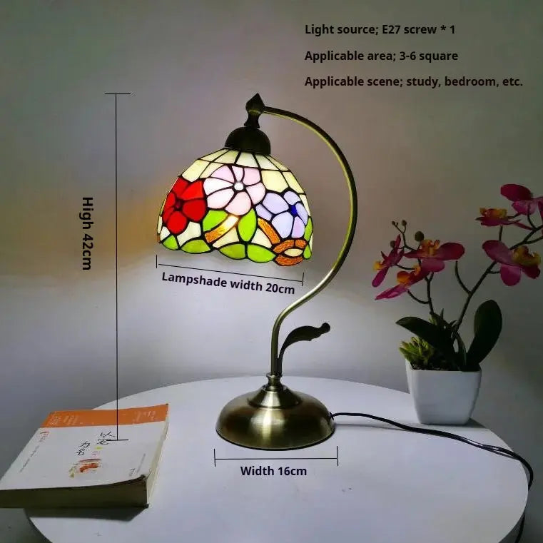 8inch Stained Glass Flowers Lampshade Vintage Curved Bedside Light Tiffany Desk Lamp - CTL