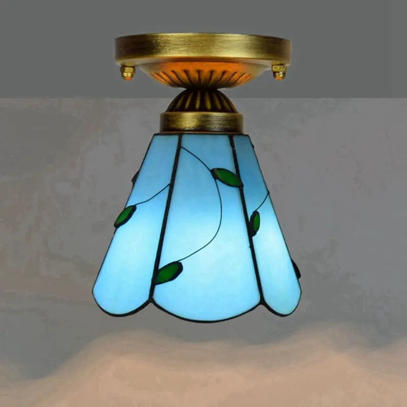 6inch Stained Glass Blue Leaf Mini Tiffany Glass Ceiling Light - CTL