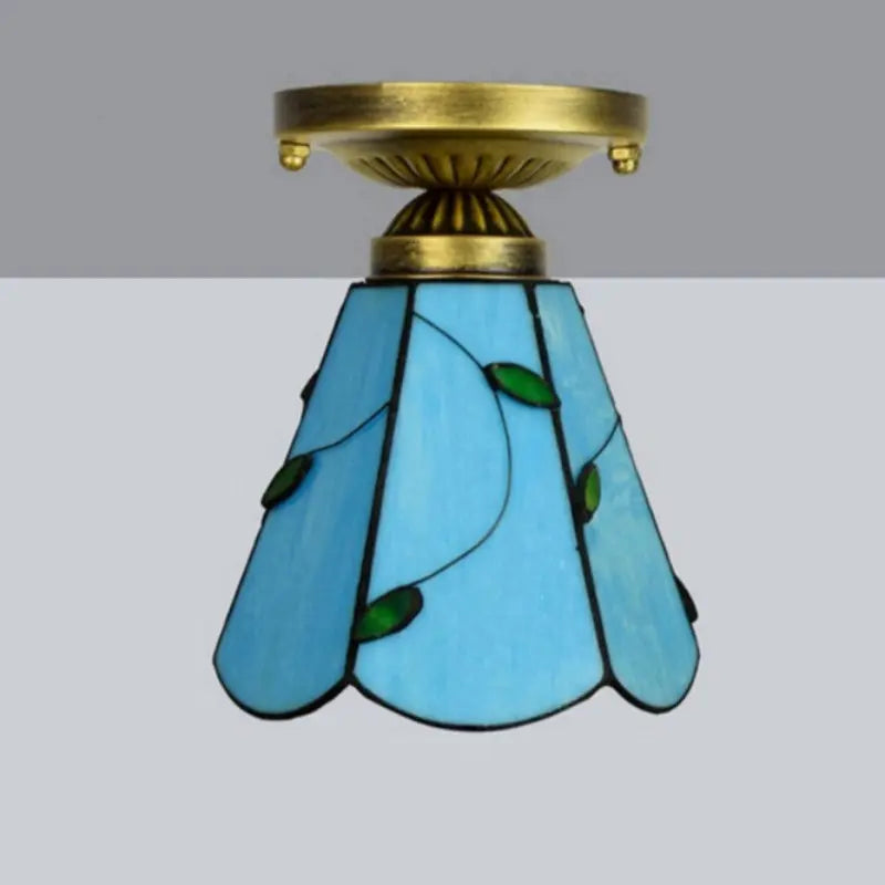 6inch Stained Glass Blue Leaf Mini Tiffany Glass Ceiling Light - CTL