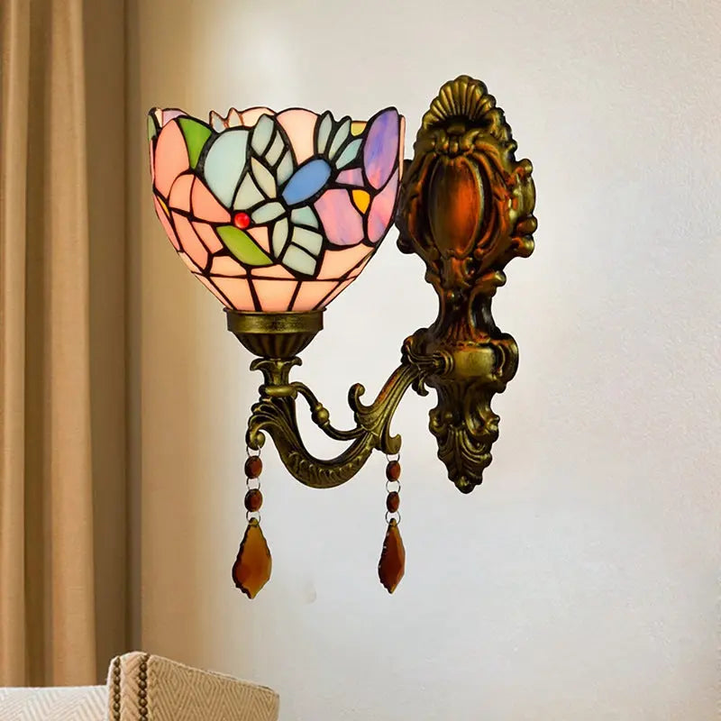 Mini Tiffany Glass Wall Sconces Stained Glass Crystal Floral Bird Wall Lamp - CTL