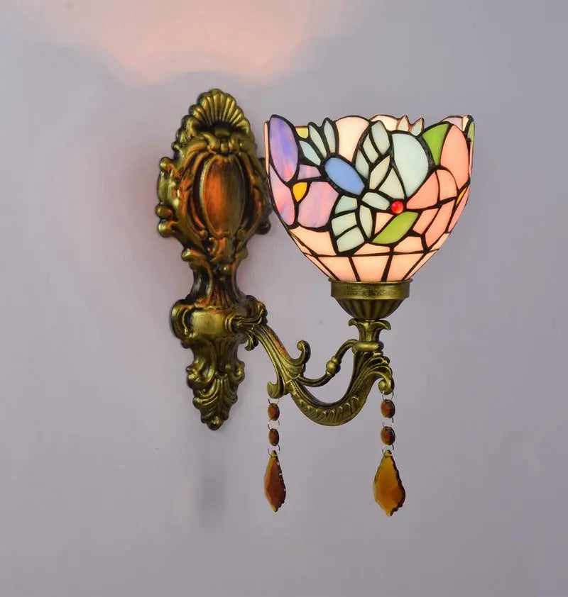 Mini Tiffany Glass Wall Sconces Stained Glass Crystal Floral Bird Wall Lamp - CTL