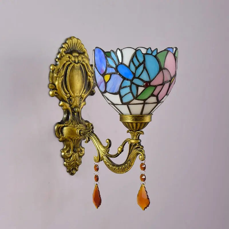 Mini Tiffany Glass Wall Sconces Stained Glass Crystal Floral Bird Wall Lamp - CTL