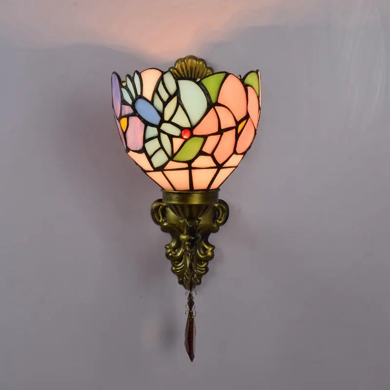 Mini Tiffany Glass Wall Sconces Stained Glass Crystal Floral Bird Wall Lamp - CTL