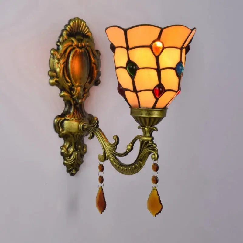 Tiffany Sconce Light Stained Glass Yellow Beads Lampshade Mini Wall Lamp - CTL