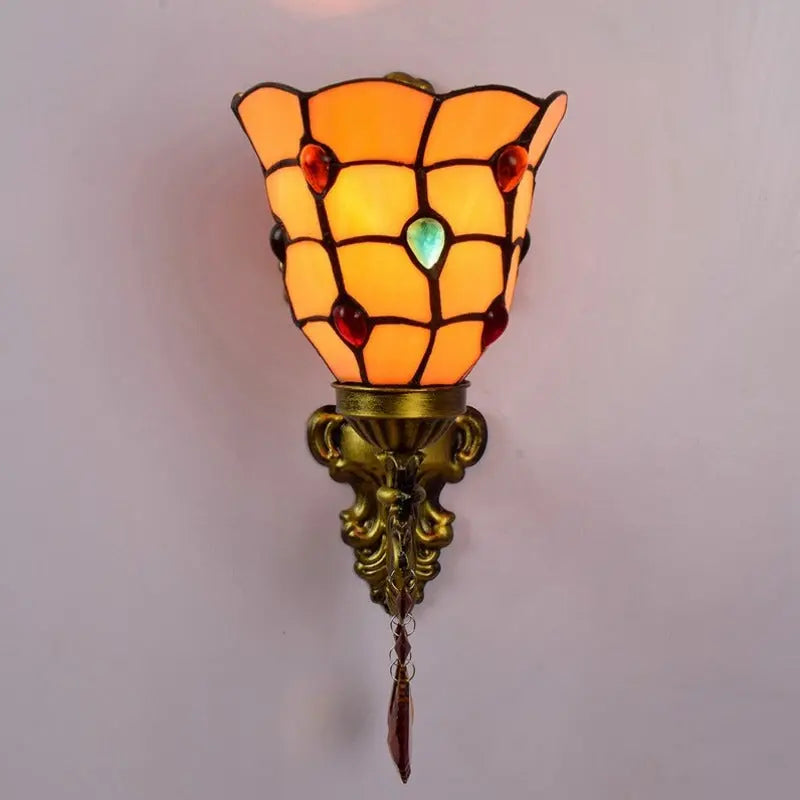 Tiffany Sconce Light Stained Glass Yellow Beads Lampshade Mini Wall Lamp - CTL