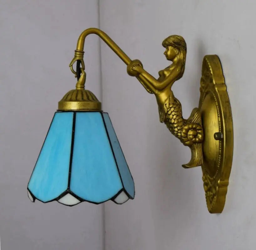 6inch Small Tiffany Wall Sconce with Stained Glass Blue Lampshade - CTL