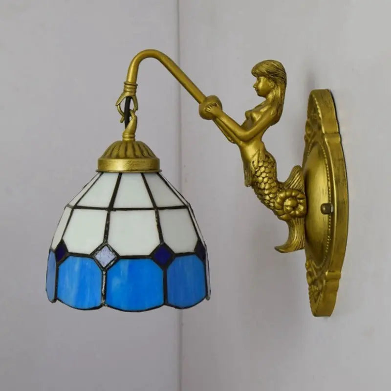 6inch Small Tiffany Lamp Stained Glass Blue Lampshade Wall Sconce - CTL