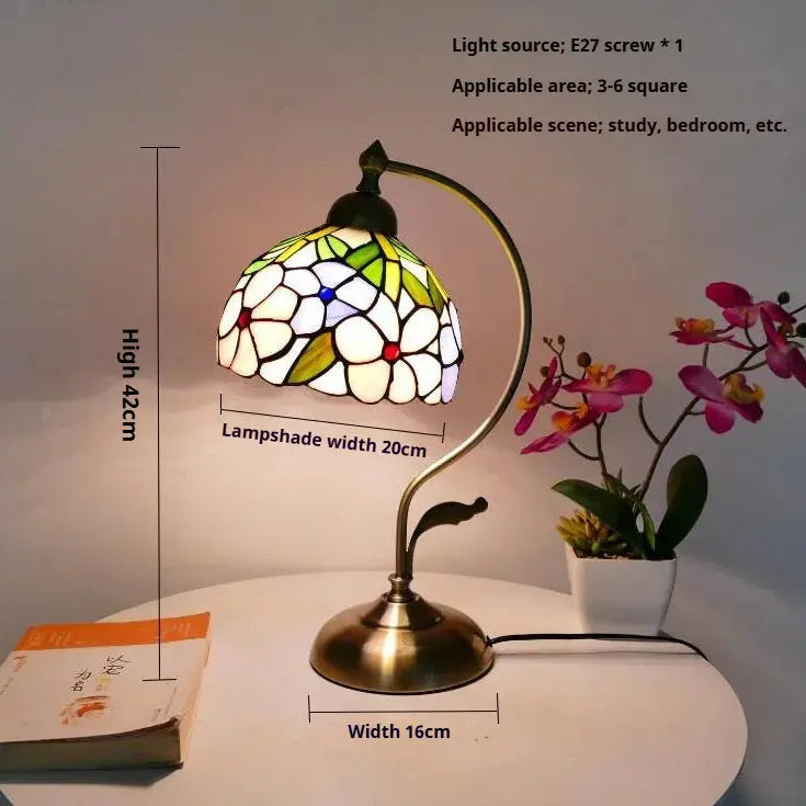8inch Stained Glass Flowers Lampshade Vintage Curved Bedside Light Tiffany Desk Lamp - CTL