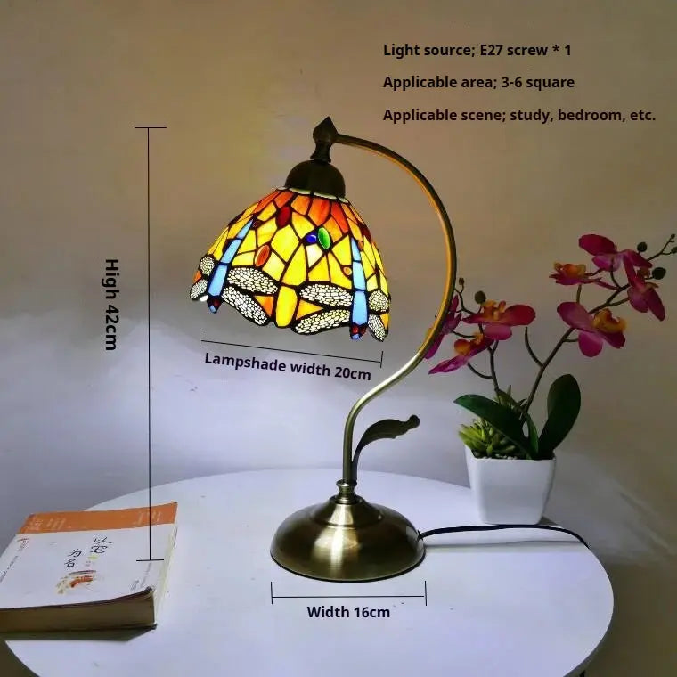 8inch Stained Glass Flowers Lampshade Vintage Curved Bedside Light Tiffany Desk Lamp - CTL