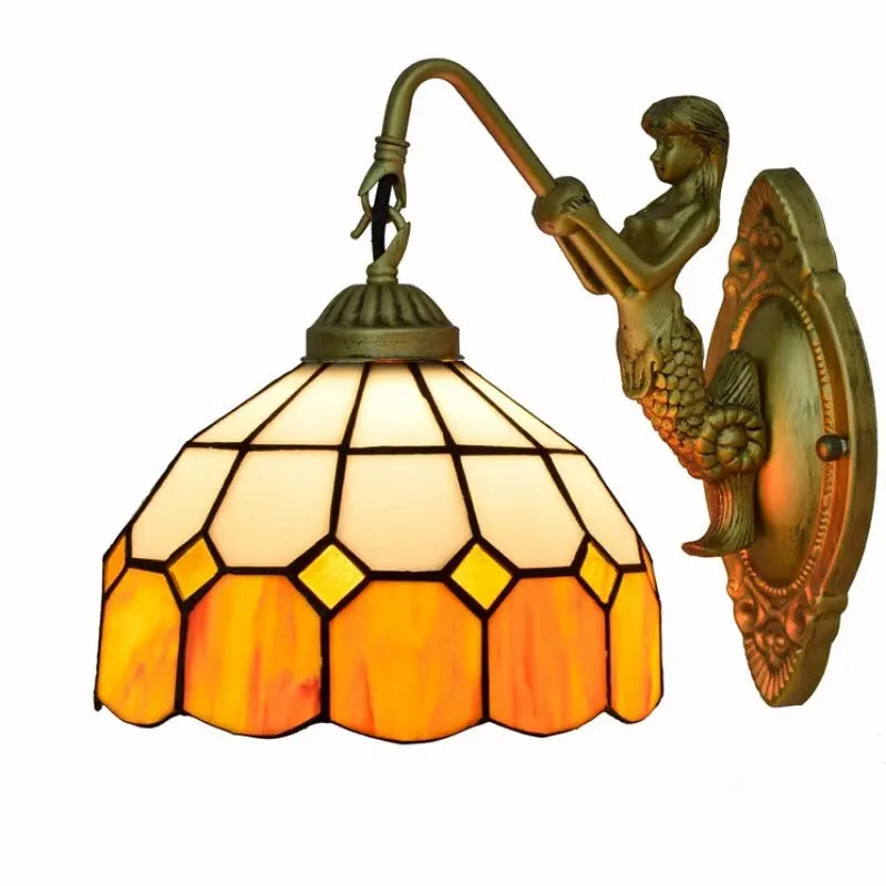 Tiffany Sconce Light Fixtures with Small Stained Glass Orange Lampshade - CTL